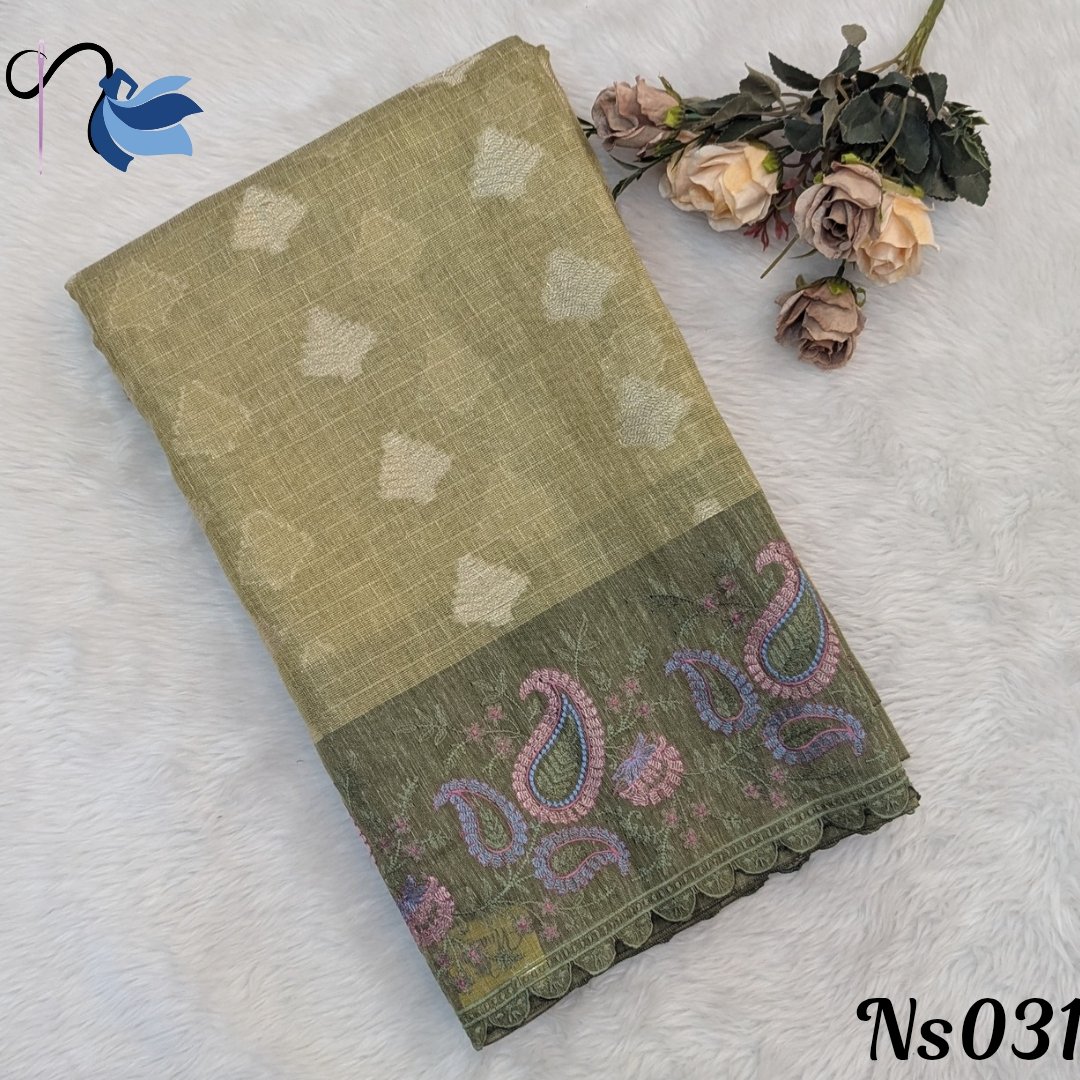 Linen tissue embroidery saree